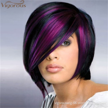 Vigorous Black Mix Purple Silky Straight Wigs With Part Side Bangs For Women Synthetic Fiber Heat Resistant Glueless Hair Wigs